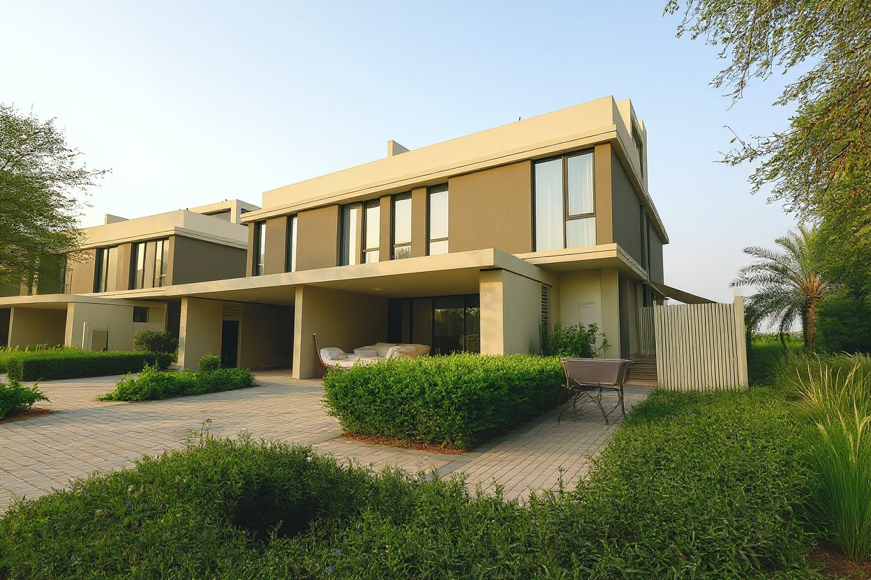 Villa exterior before enhancement — phone capture with flat, cool light